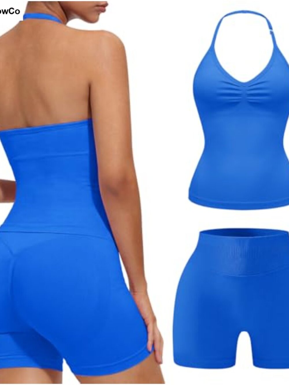 2 Piece Workout Sets Halter Neck Tank Top High Waist Scrunch Butt Shorts Gym